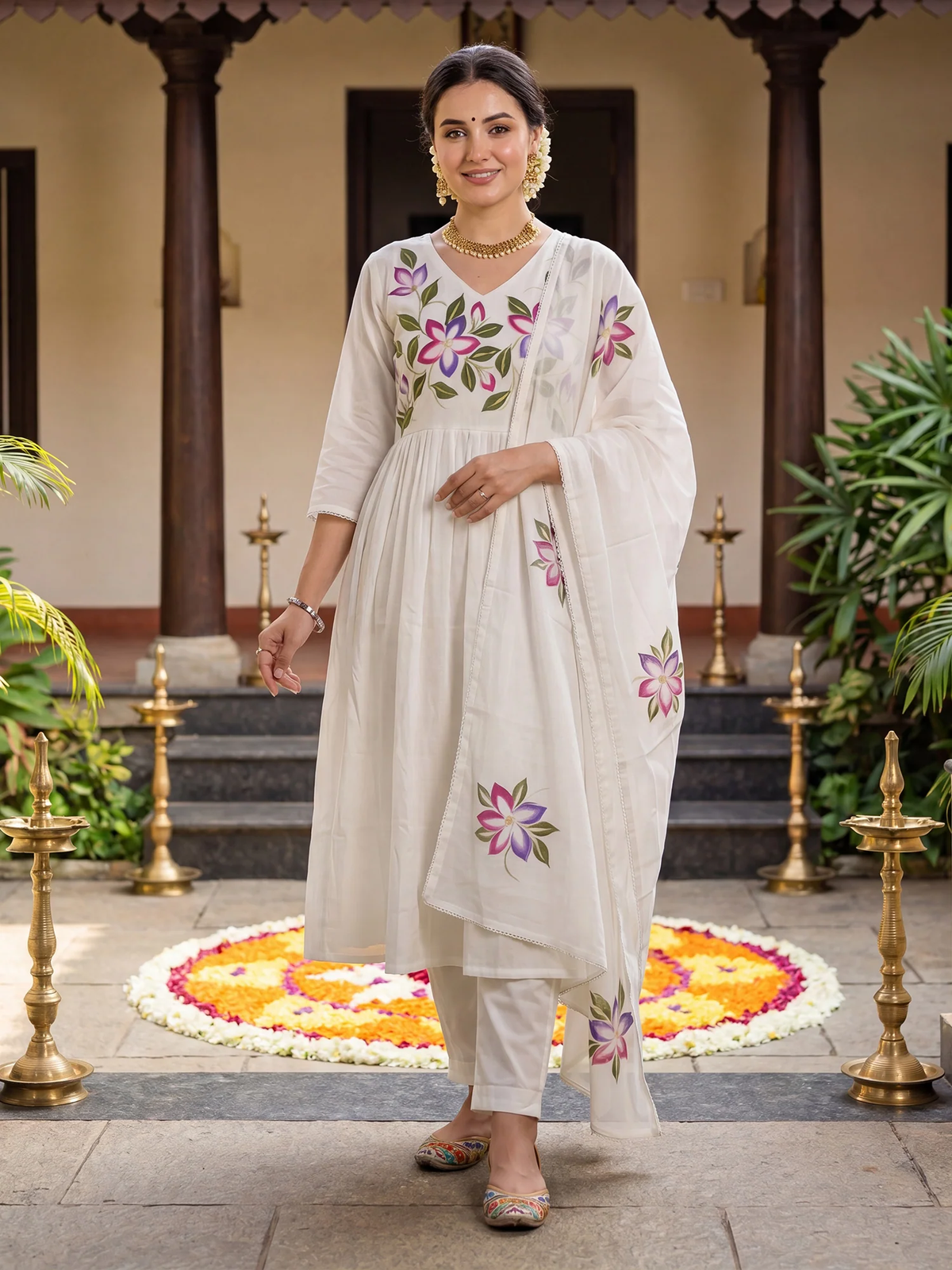 Off-White Floral Printed Cotton Anarkali Set with Dupatta aromie