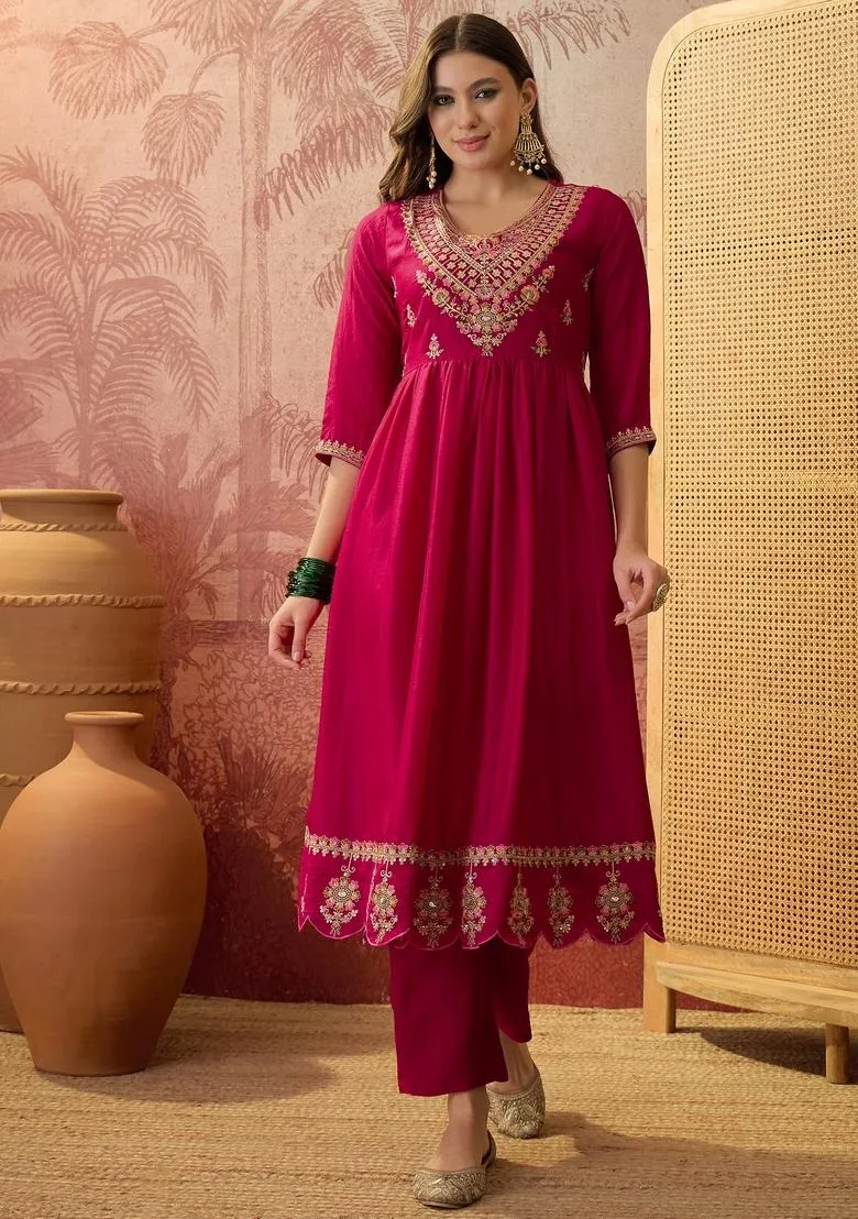 Roman Silk Anarkali Kurti Palazzo Dupatta Set