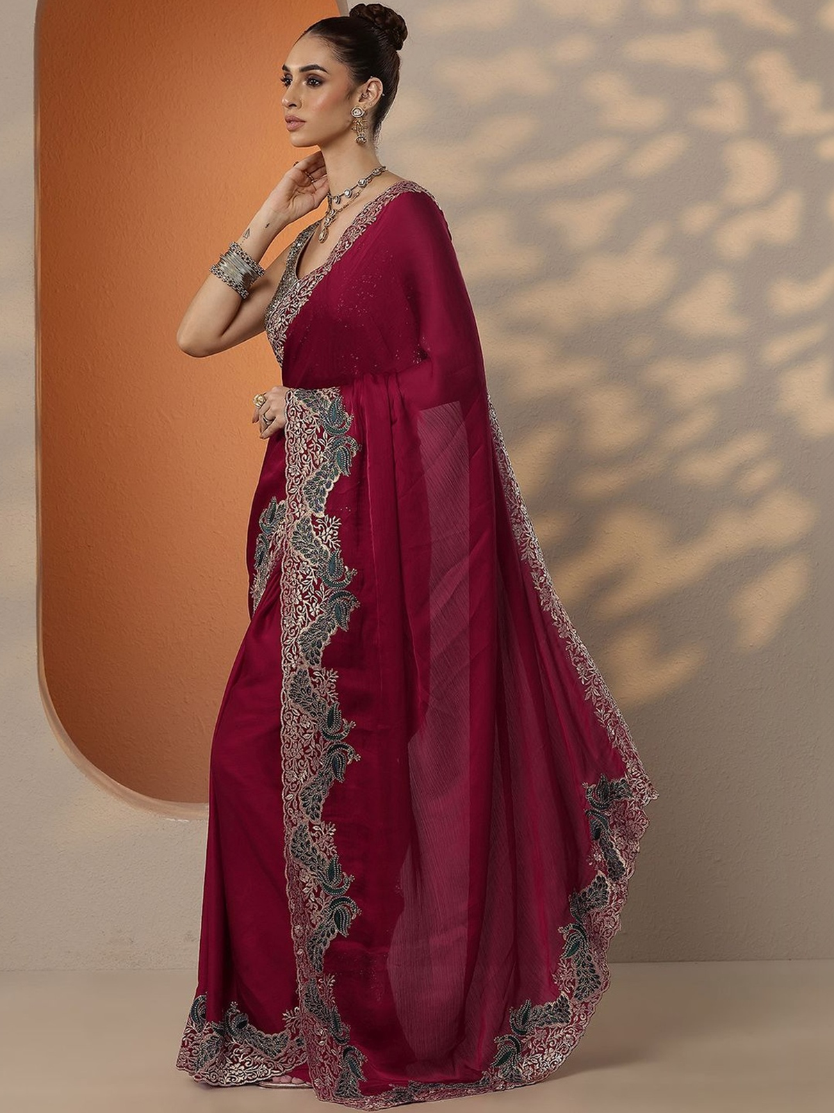 Red Chiffon Saree with Embroidered Border aromie