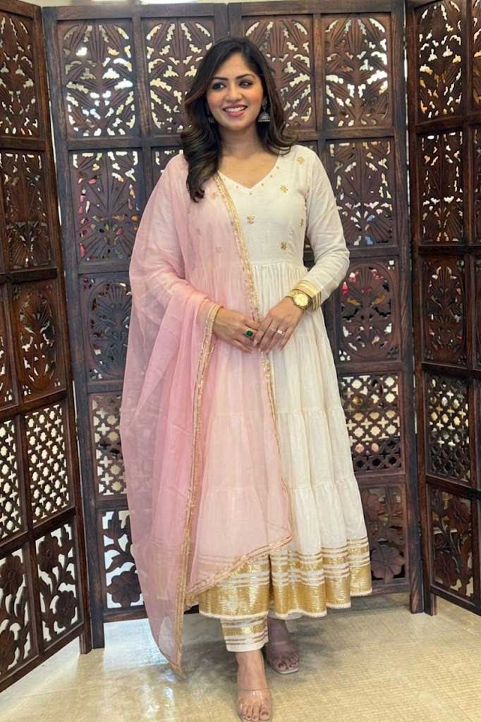 Cream Mulmul Cotton Festive Suit Set with Palazzo & Dupatta