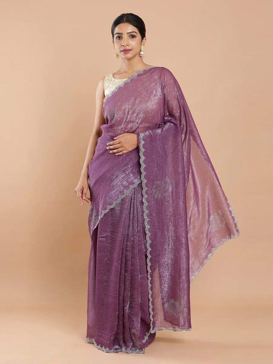 Shimmer Chiffon Dusty Grape Saree with Mini Stone Work