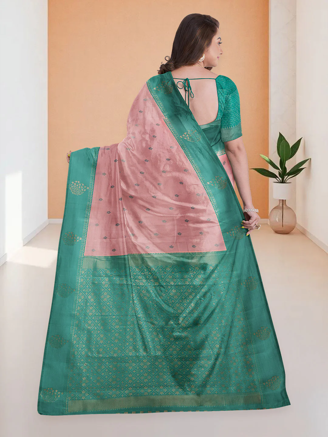 Women Copper with Green Art Silk Saree