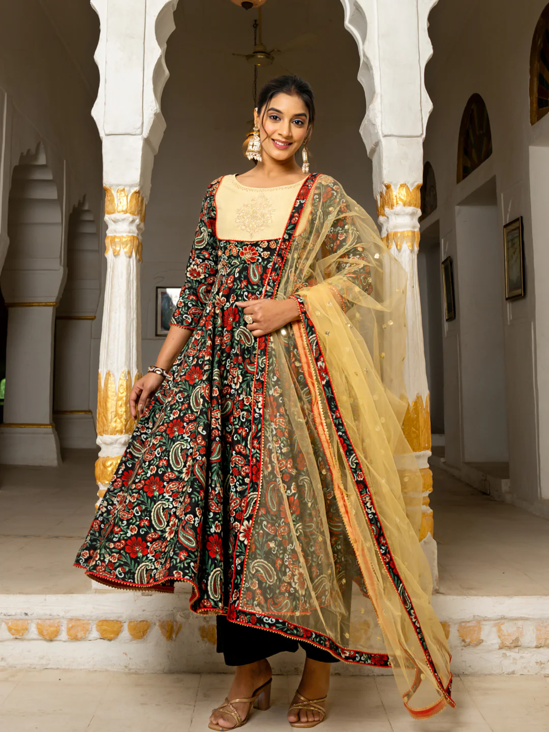 Cotton Anarkali Suit Set with Palazzo & Dupatta