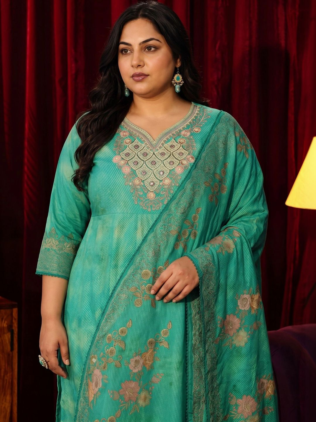 Green Printed Anarkali Kurta Set with Trousers & Dupatta aromie