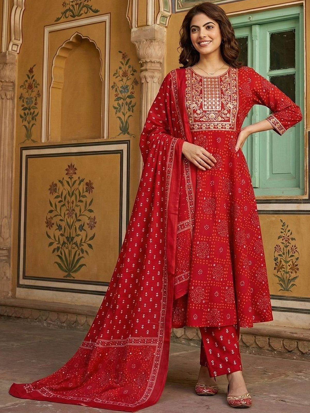 Women Ethnic Motifs Embroidered Regular Pure Cotton Kurta with Trousers & With Dupatta