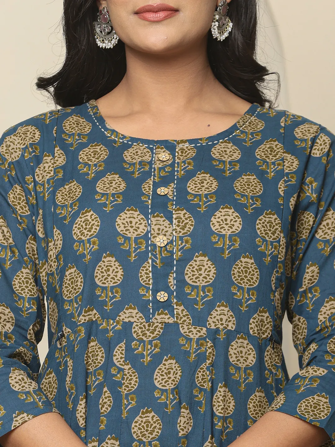 Blue Floral Printed Pure Cotton Maternity Kurta Set with Trousers & Dupatta