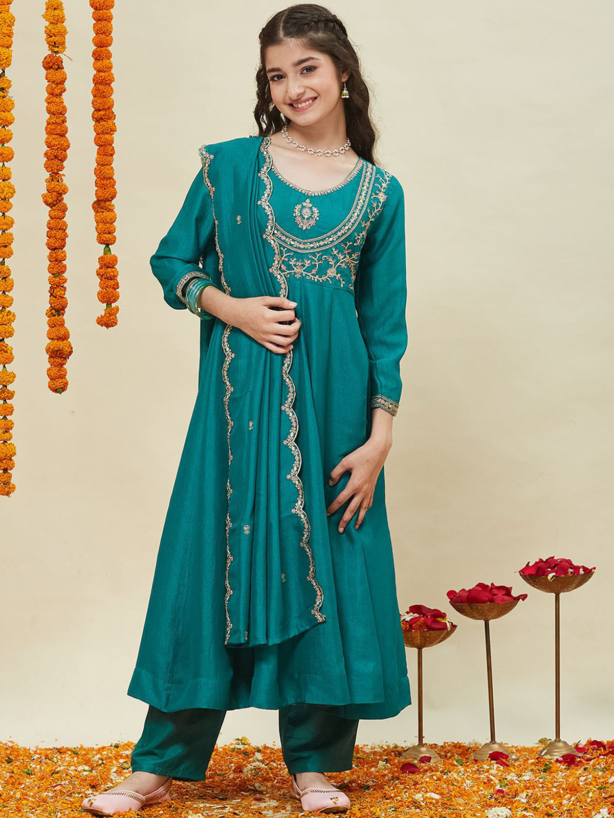 Girls Silk Embroidered Anarkali Kurta and Pant Set with Dupatta