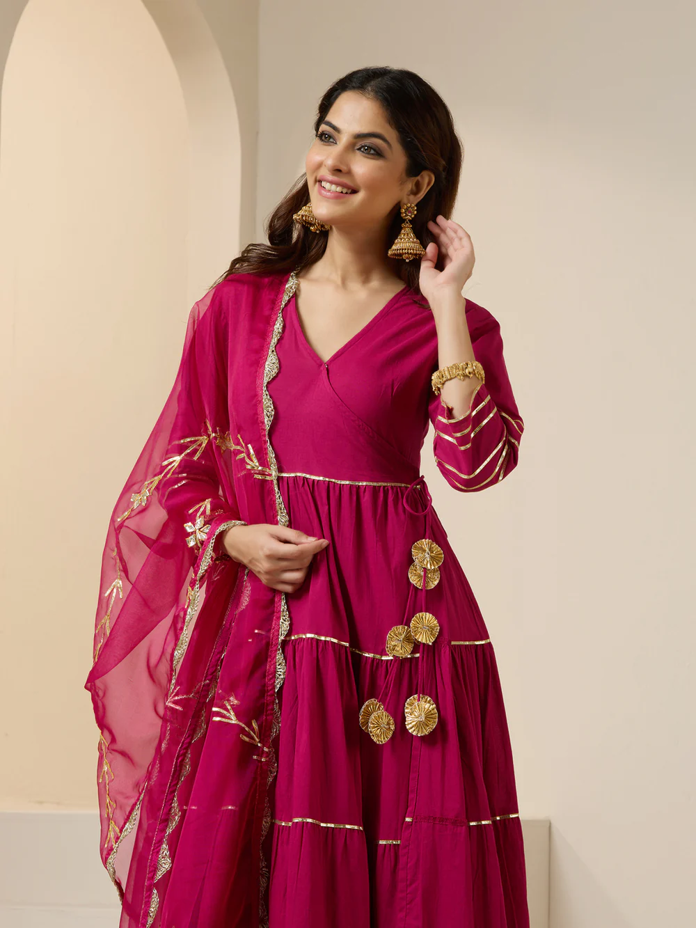 Pink Cotton Gotta Patti Angrakha Kurta Set With Straight Bottom And Dupatta