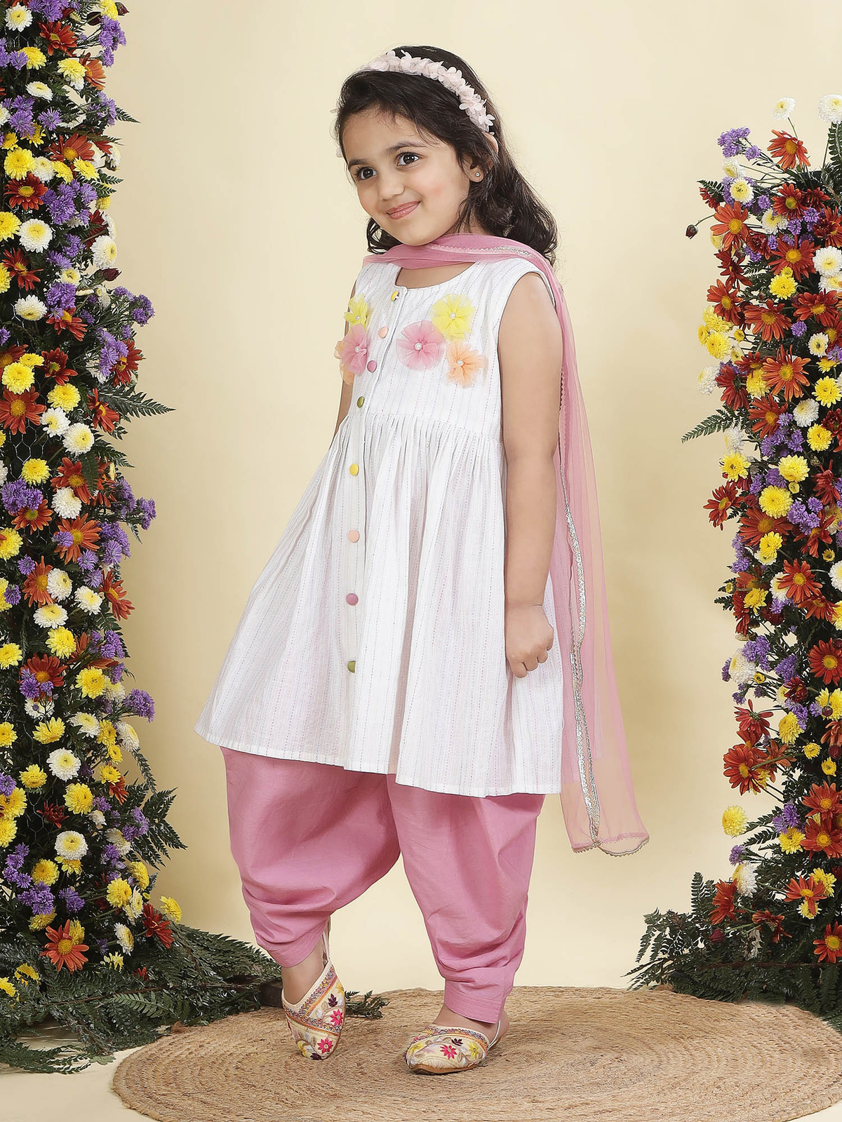 Multi Color Striped Floral handwork Cotton Kurta Salwar Set