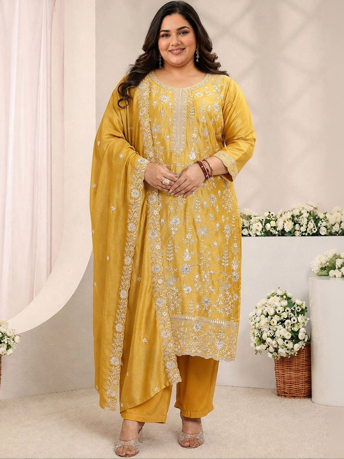 Mustard Yellow Embroidered Kurta Set with Palazzos & Dupatta aromie