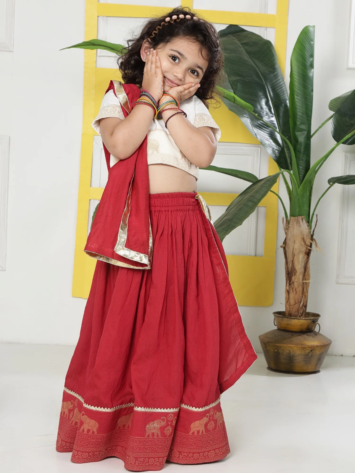 Red Elephant Zari Embroidery Chanderi Cotton Lehenga with Stitched Cream Blouse Set