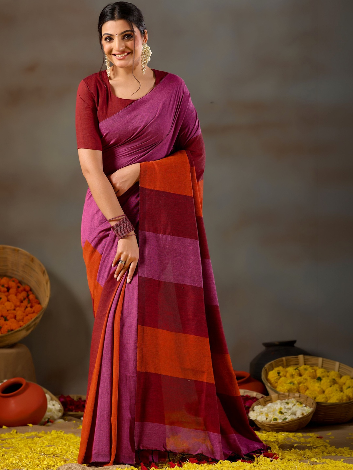 Maroon Solid Khadi Cotton Blend Ready-to-Wear Saree with Zari Detail
