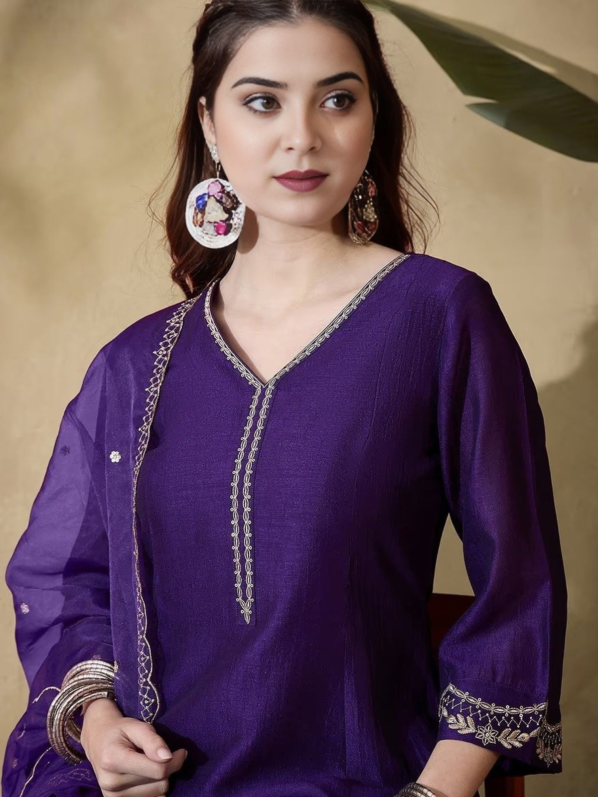 Women Ethnic Motifs Embroidered Panelled Thread Work Kurta with Trousers & With Dupatta