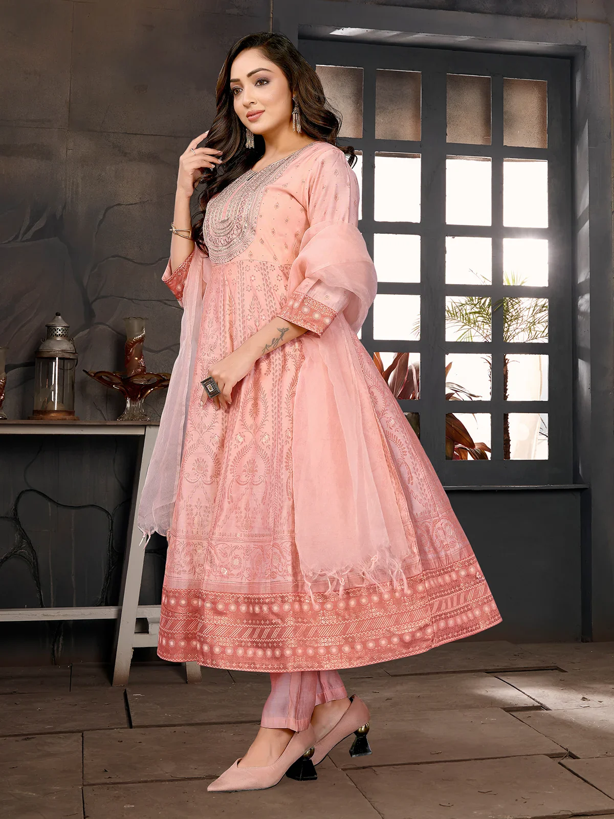 Viscose Blend Embroidered Anarkali Calf Length Kurta with Pant and Dupatta