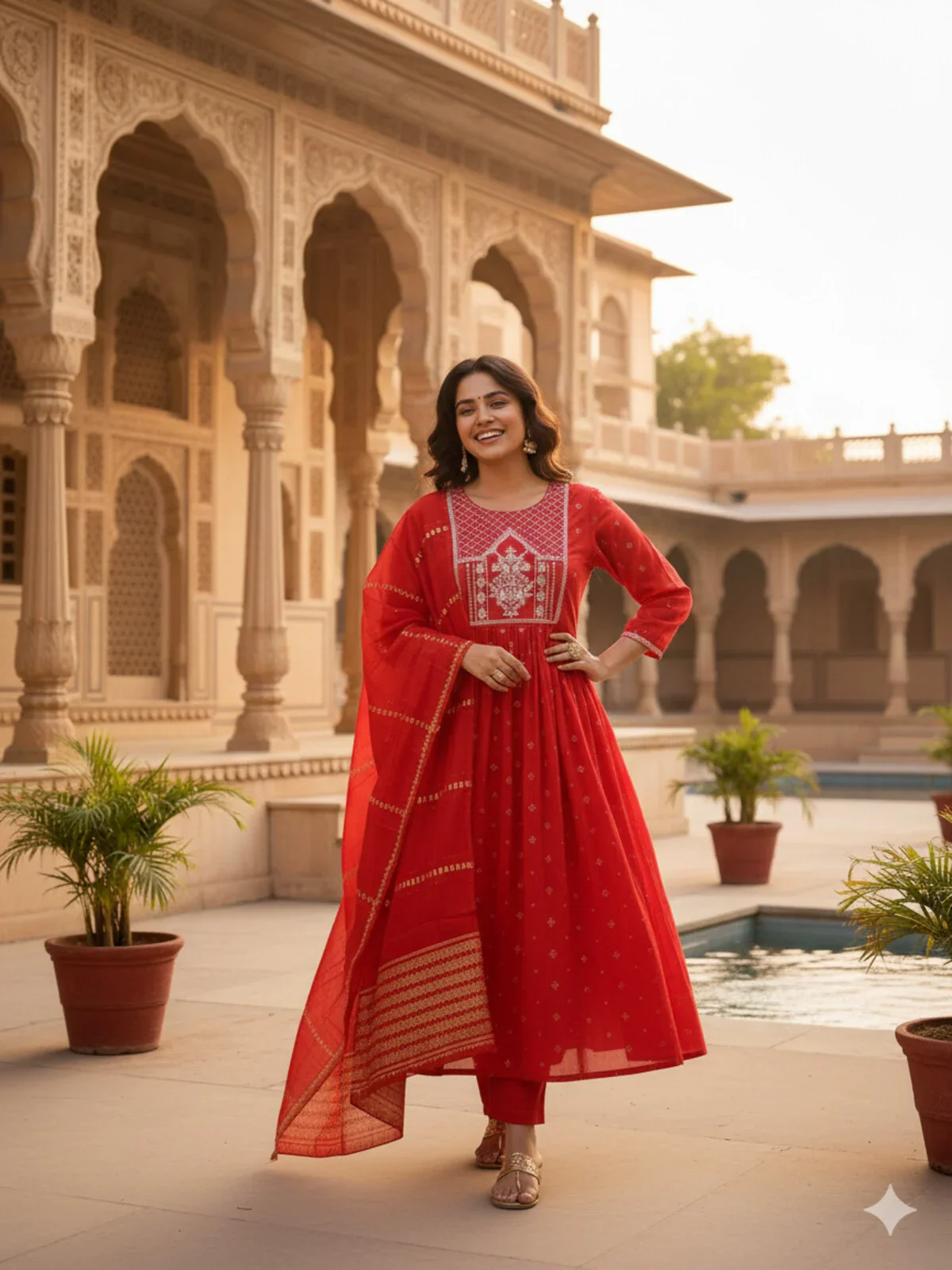 Chanderi Embroidered Anarkali Calf Length Kurta and Pant With Dupatta