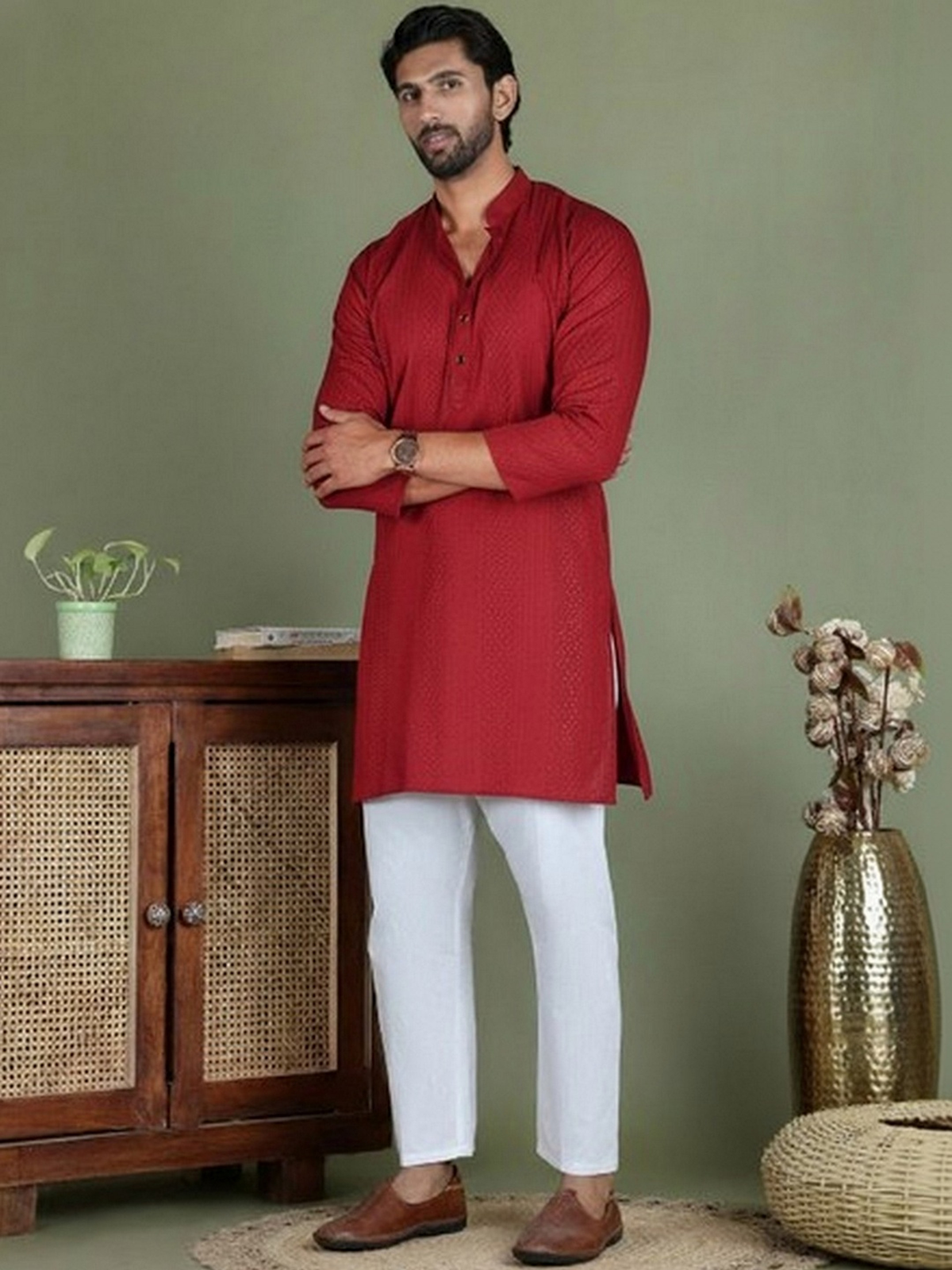 Men’s Maroon & White Cotton Kurta with Thread Work AROMIE | Affordable Indian Clothes & Dresses in Canada