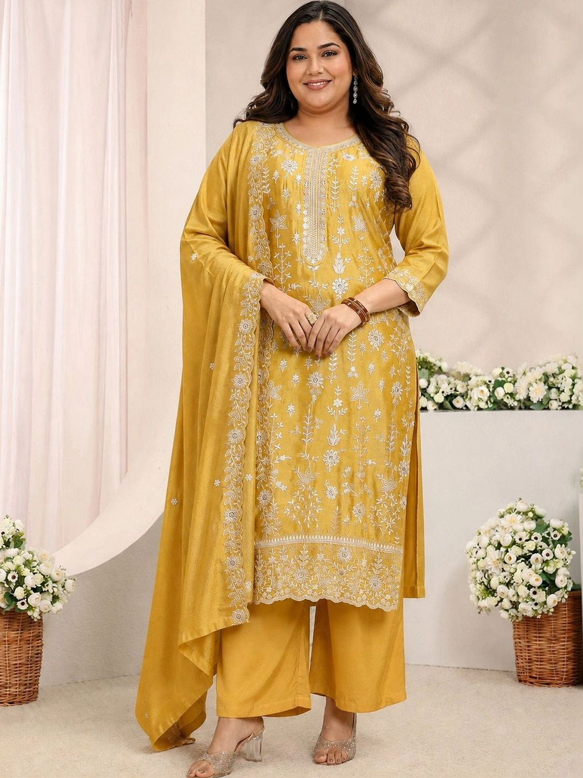 Mustard Yellow Embroidered Kurta Set with Palazzos & Dupatta aromie