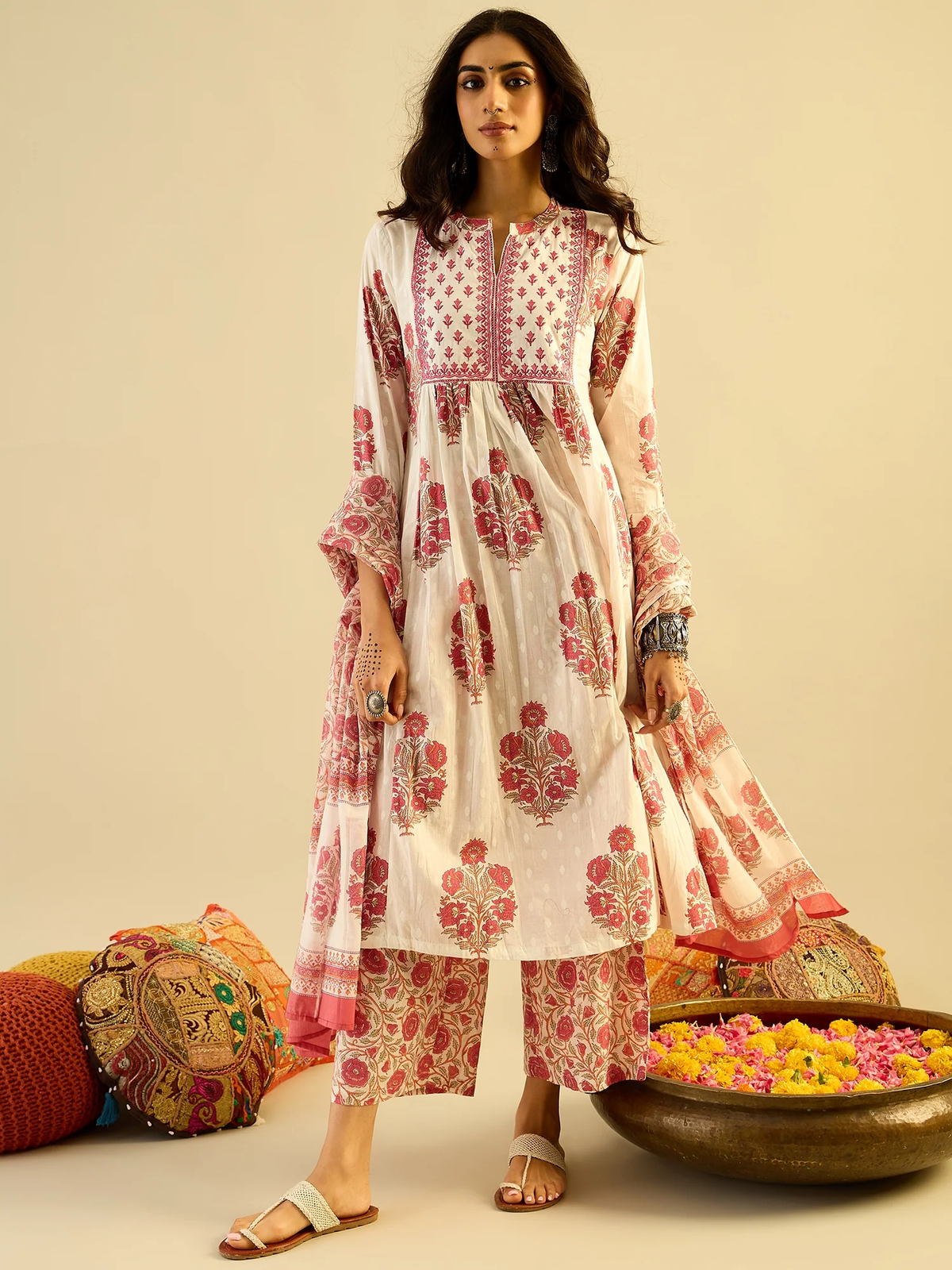 White Printed Pure Cotton Kurta Palazzo Set with Dupatta