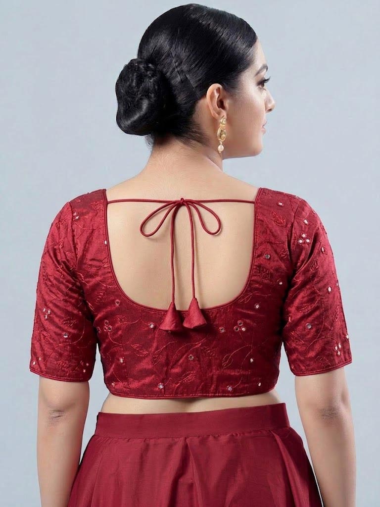 Dark Pink Mirror Work Embroidered Cotton-Blend Saree Blouse
