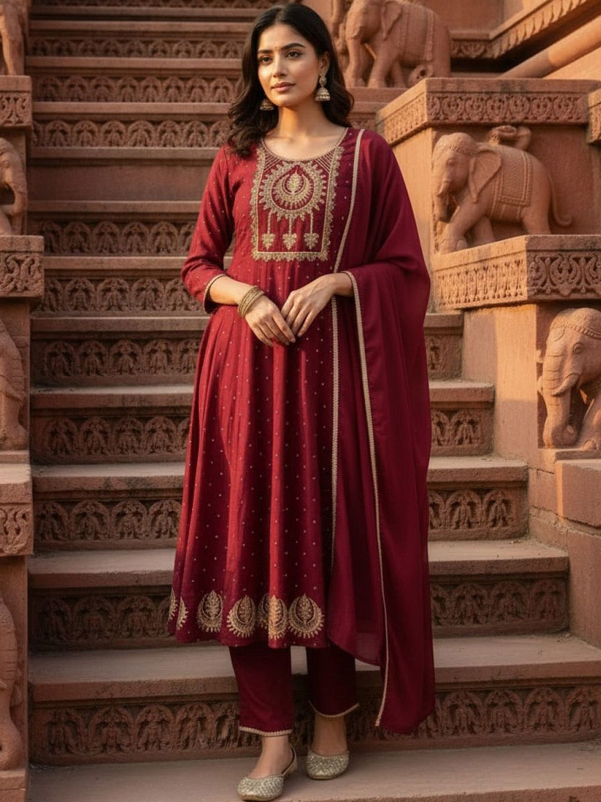 Maroon Printed Silk Blend Anarkali Kurta Set with Dupatta