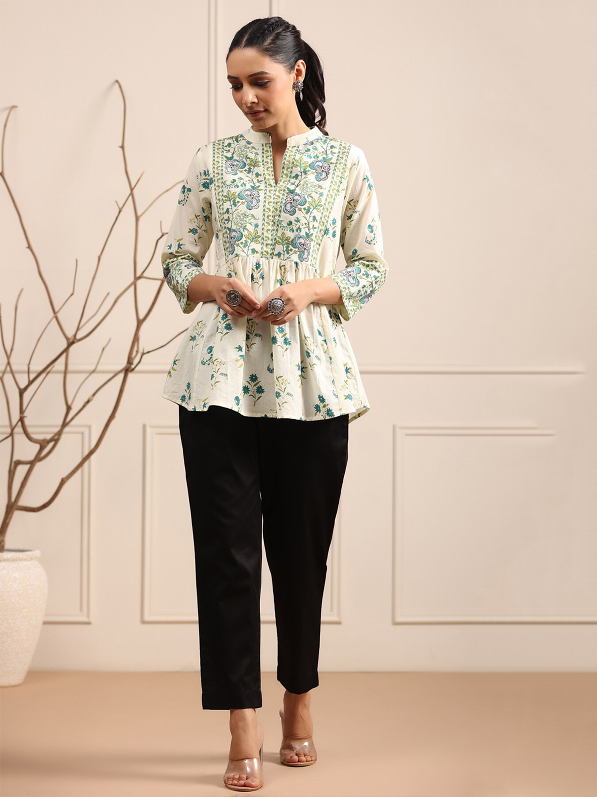 Women’s Cream & Green Floral Print Cotton A-Line Kurti AROMIE.STORE