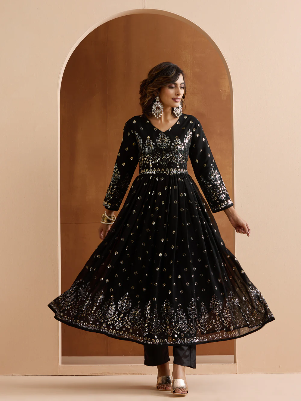 Graceful Black poly georgette foil embossed anarkali fit kurta set with dupatta