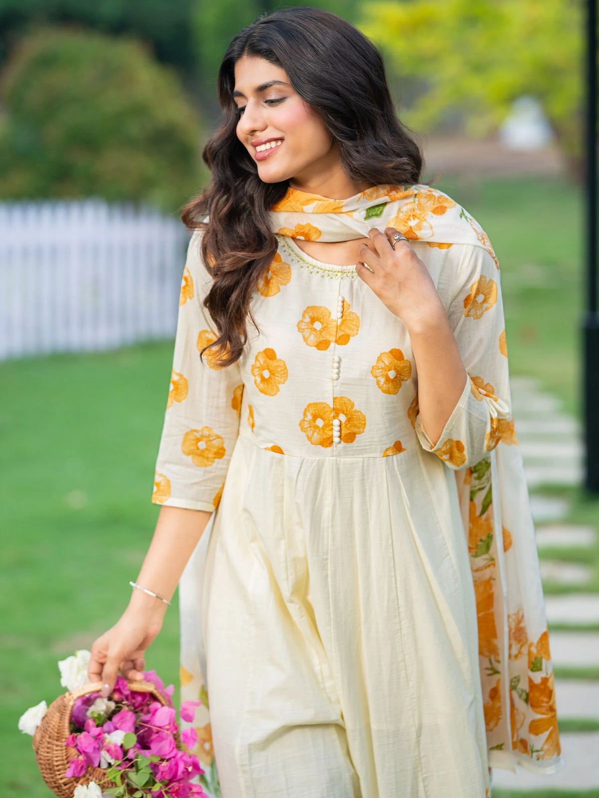 Off White Printed A-Line Kurta Set with Trousers & Dupatta