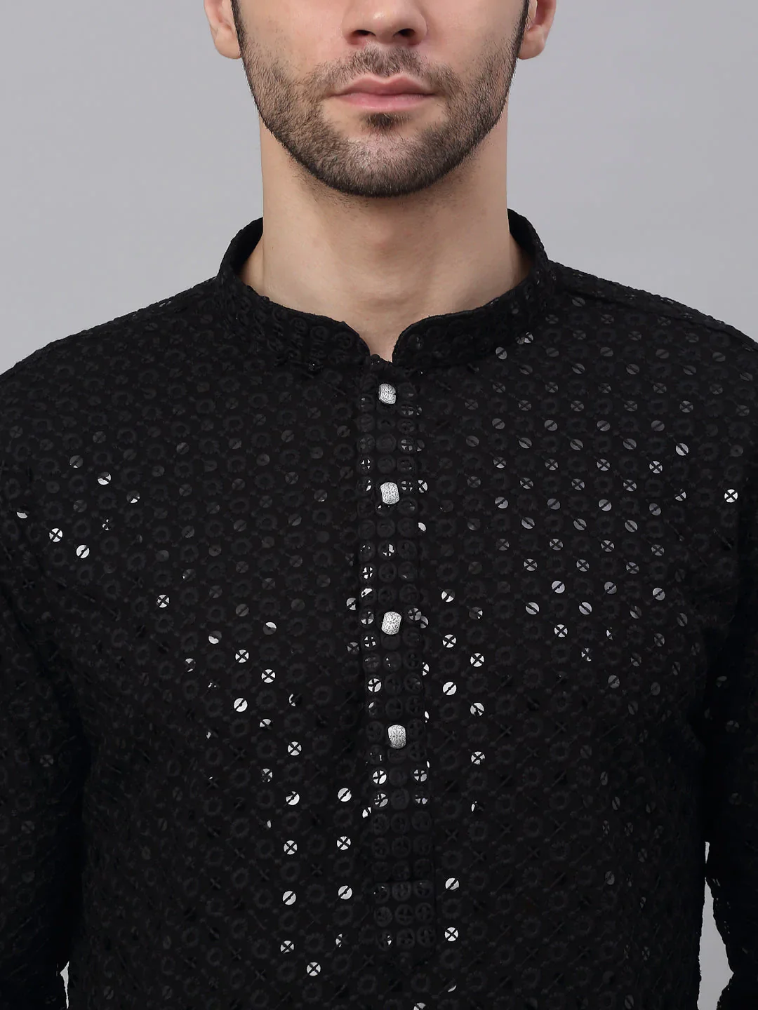 Men Black Chikankari Embroidered and Sequence Kurta Only