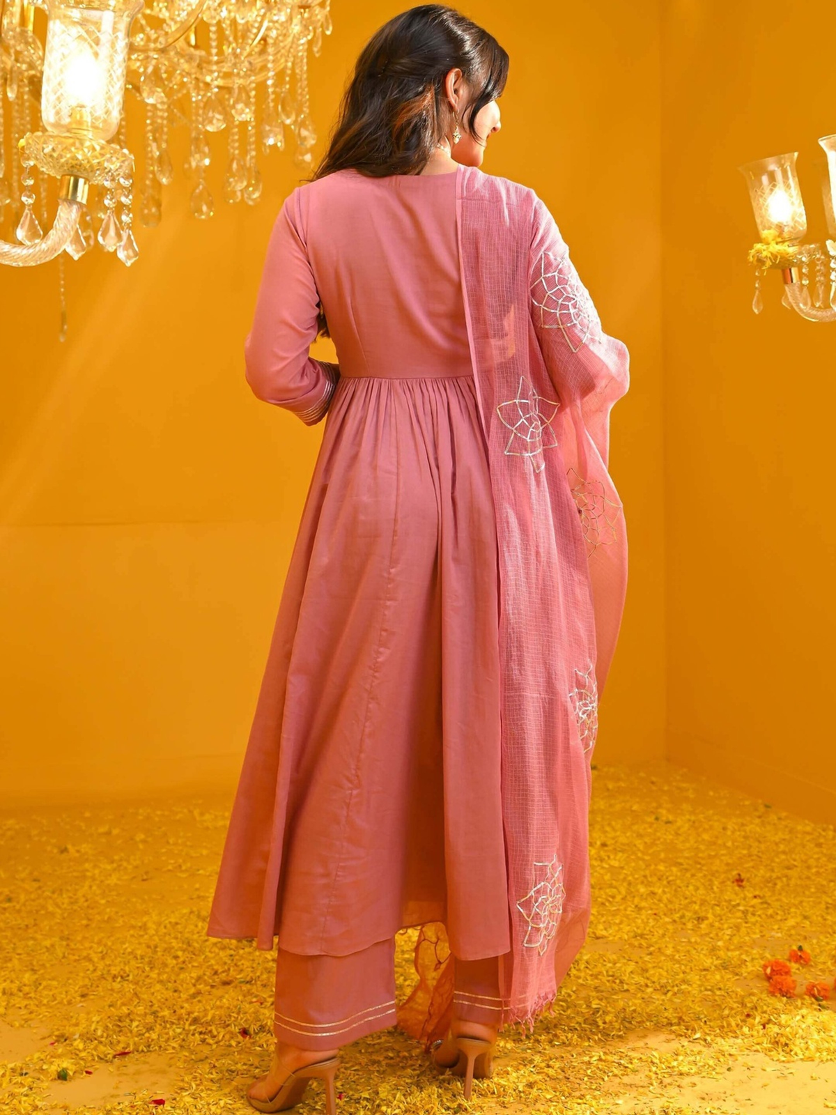 Pink Solid Empire Anarkali Kurta Set with Trousers & Embroidered Dupatta