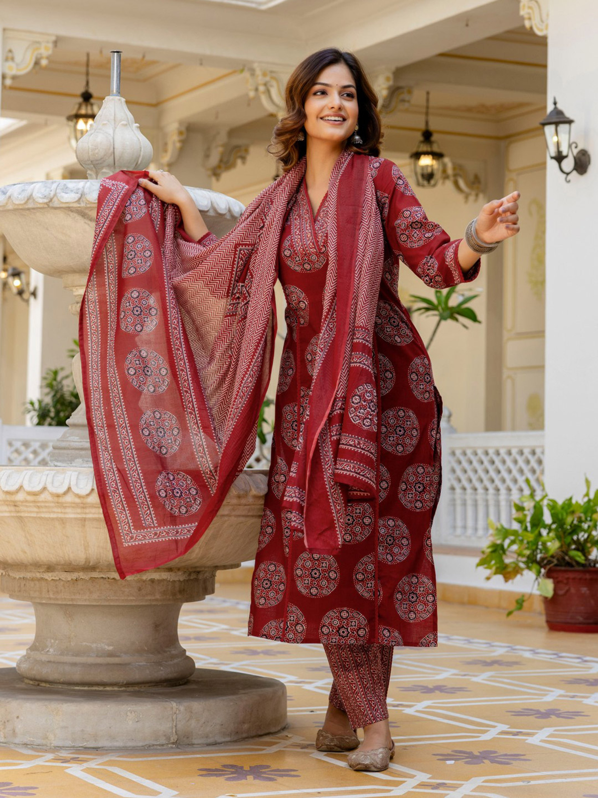 Women Printed Regular Mirror Work Pure Cotton Kurta with Palazzos & With Dupatta