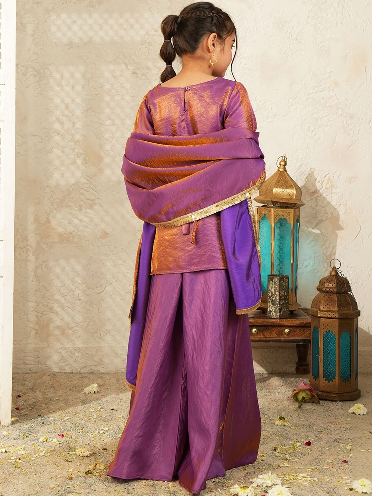 Girls Dyed Regular Kurta with Palazzos & With Dupatta