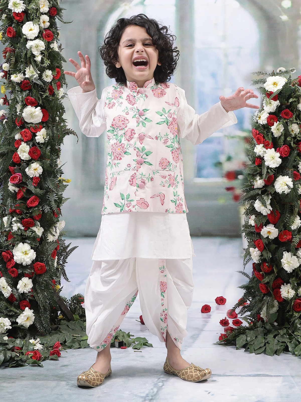 Baby Pink Floral Butterfly Nehru Jacket with Cotton Kurta Dhoti Set