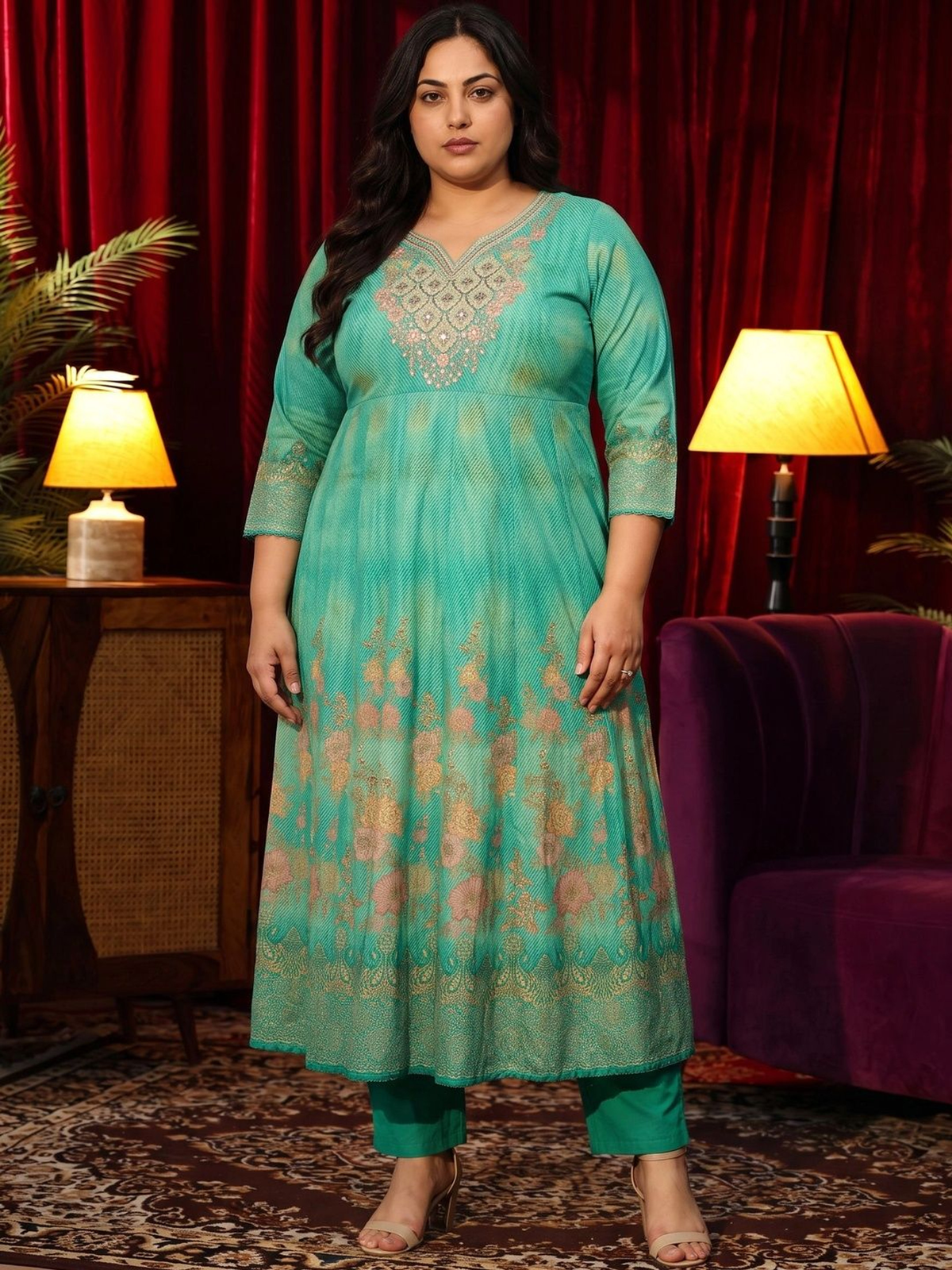 Green Printed Anarkali Kurta Set with Trousers & Dupatta aromie