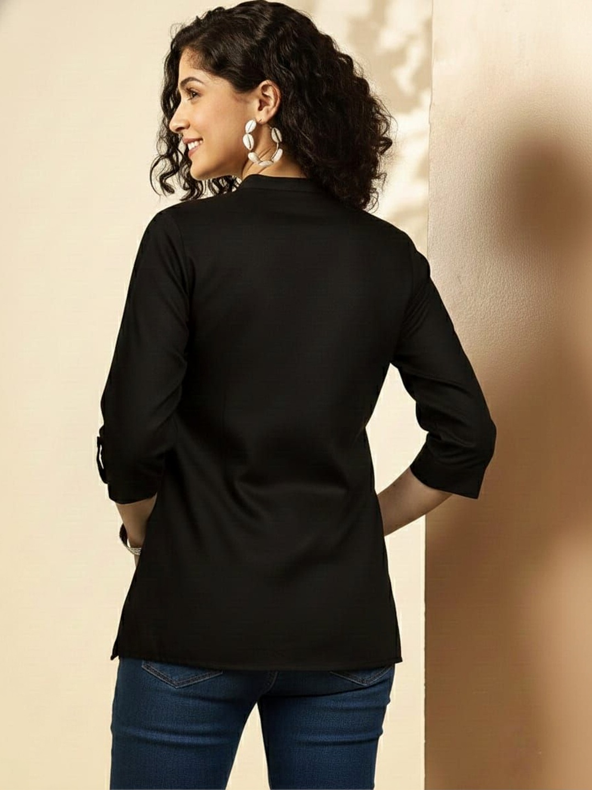 Women’s Black Straight Kurti with Mandarin Collar AROMIE.STORE