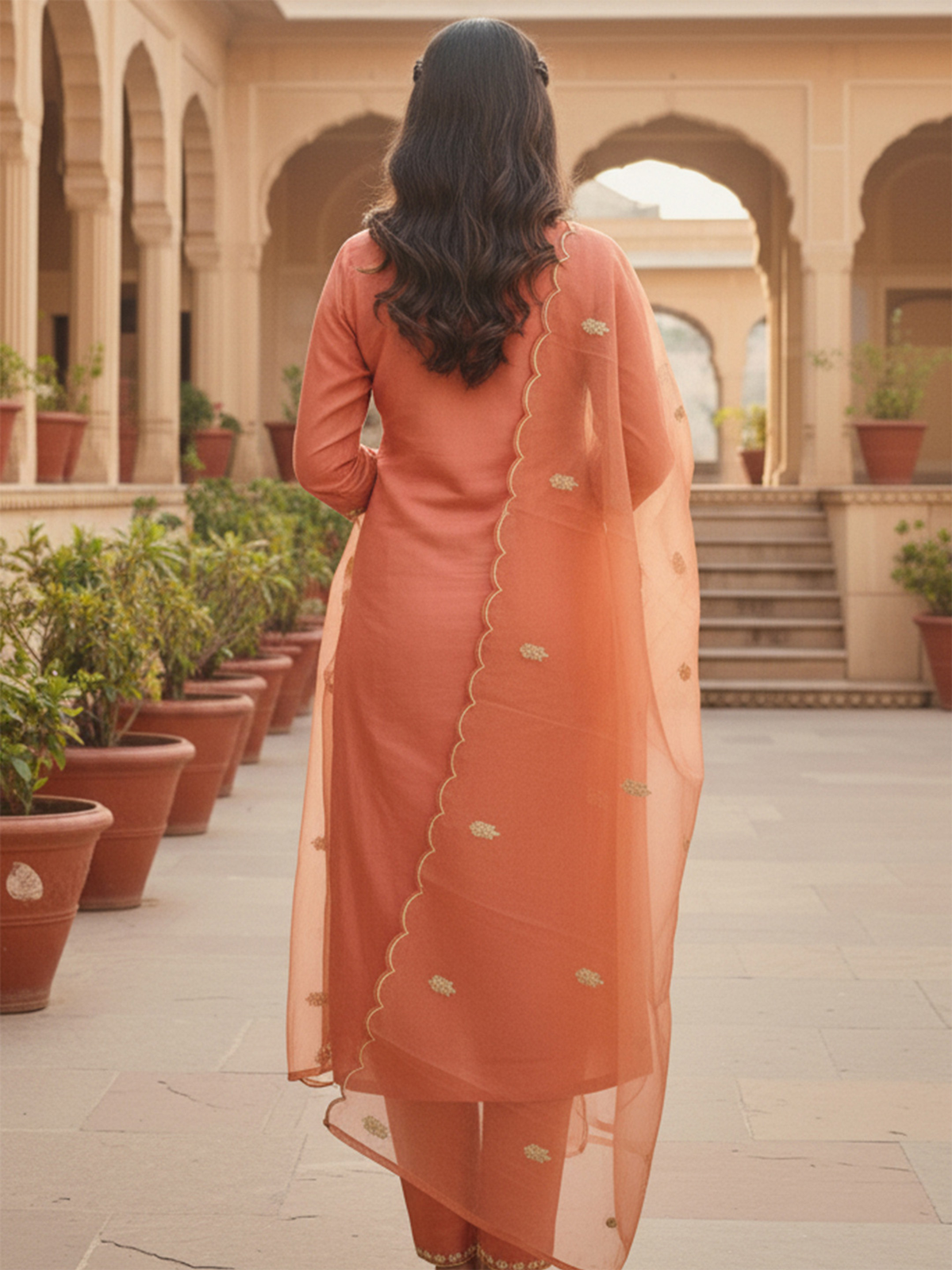 Cream Floral Printed Cotton Anarkali Kurta Set with Trousers & Dupatta