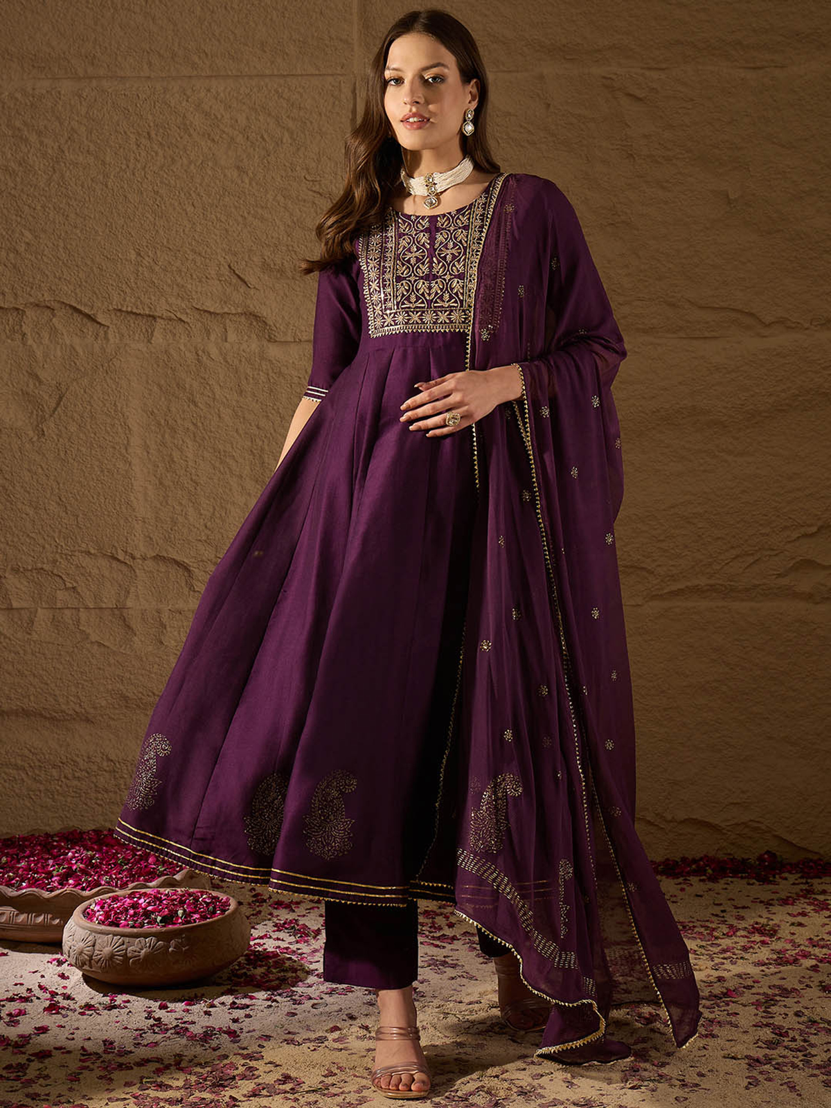Embroidered Zari Empire Jacquard Kurta With Trouser And Dupatta