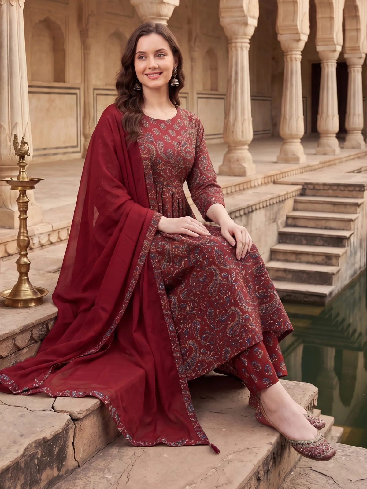 Woman in a red traditional outfit sitting on stone steps with architectural background