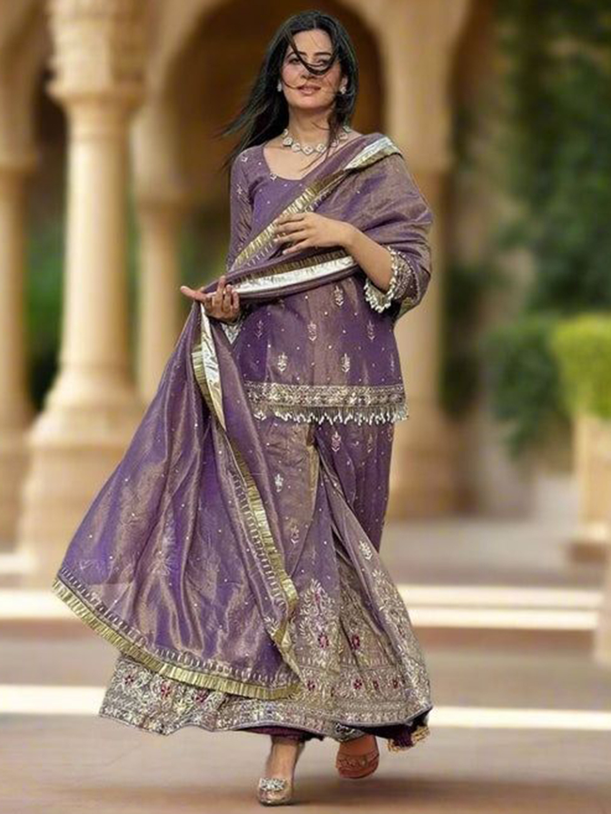 Women Embroidered Thread Work Pure Silk Kurti with Palazzos & Dupatta