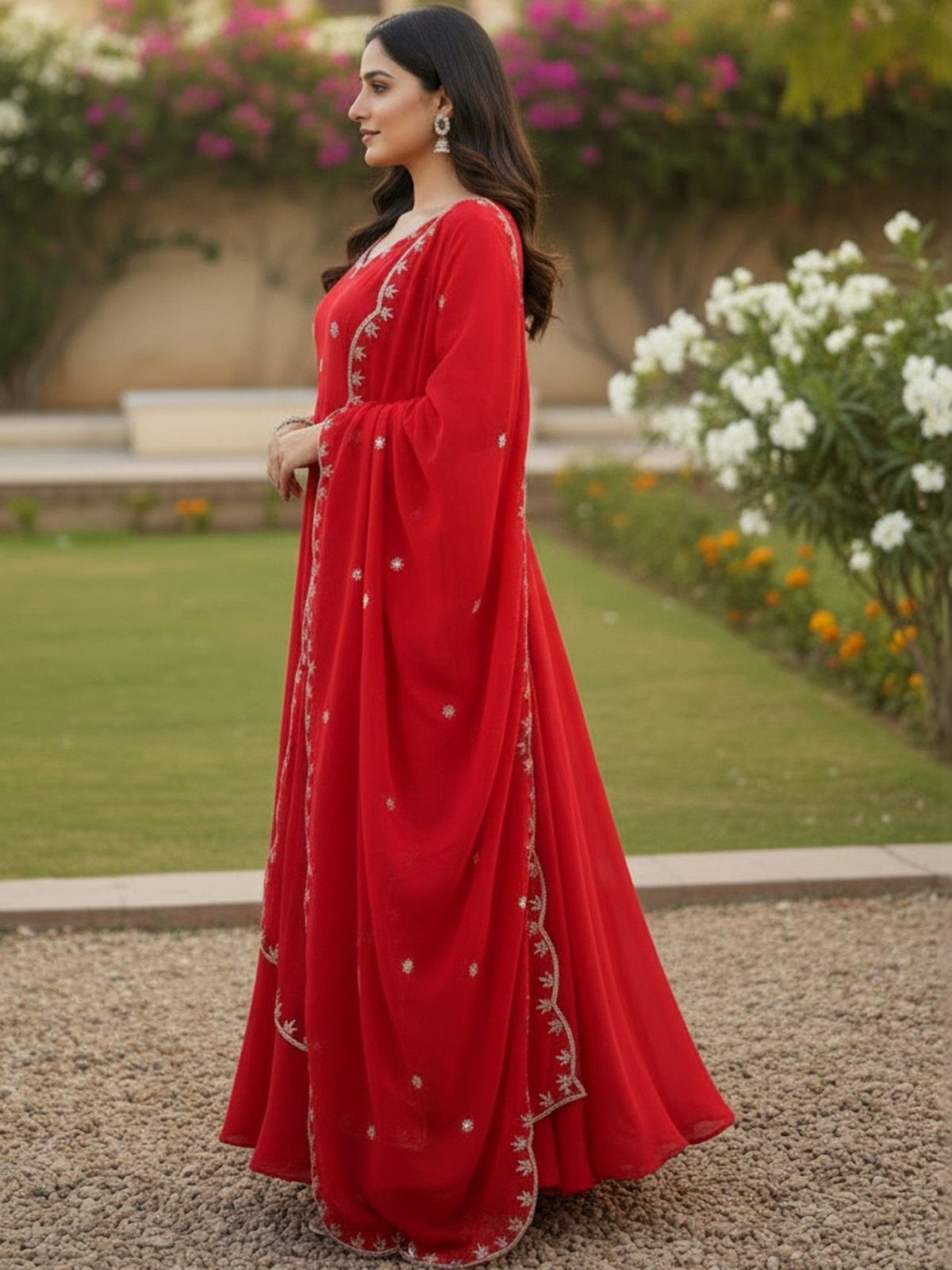 Embroidered Anarkali Kurta & Trousers With Dupatta