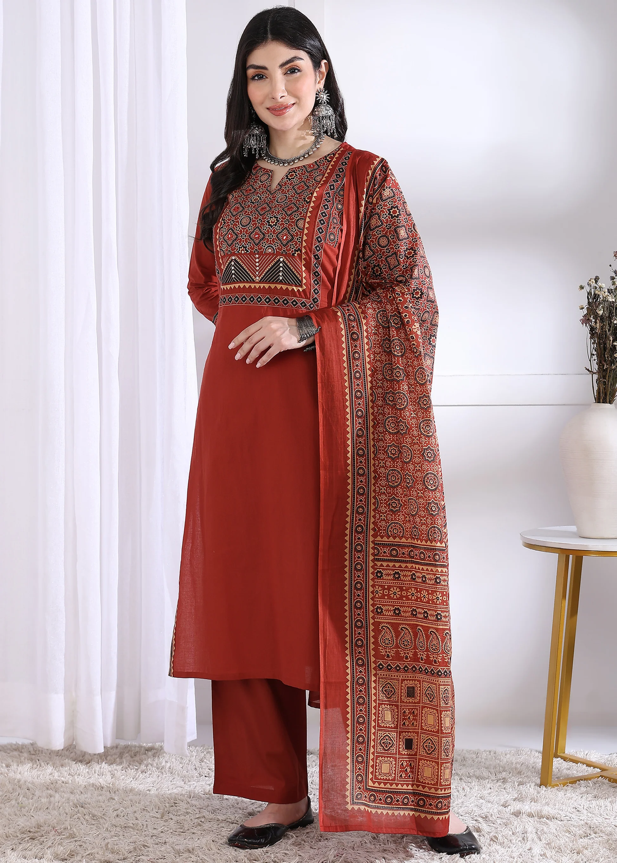 Red Cotton Straight Kurta Set with Printed Dupatta aromie