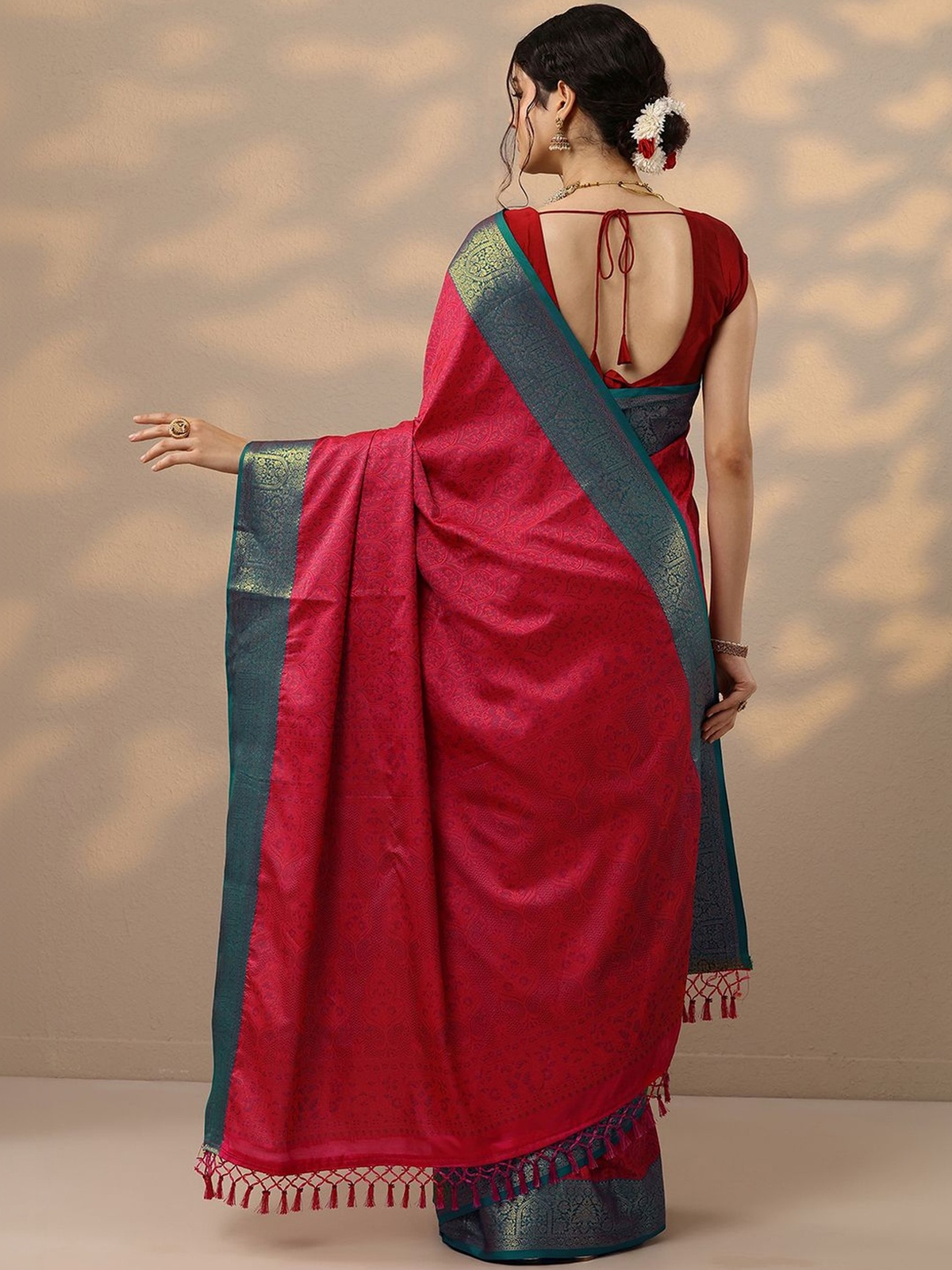 Red Kanjeevaram Silk Blend Saree with Woven Ethnic Motifs aromie