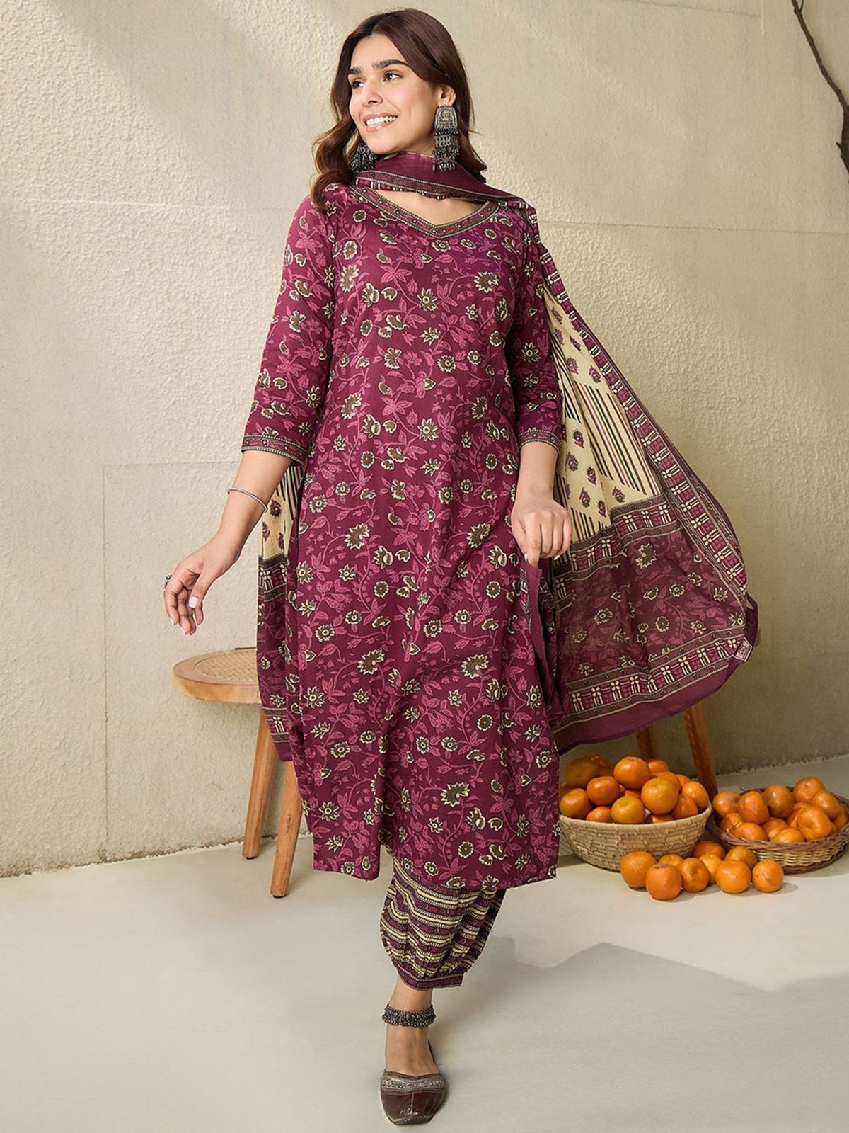Maroon Floral Printed Cotton Kurta Set with Salwar & Dupatta