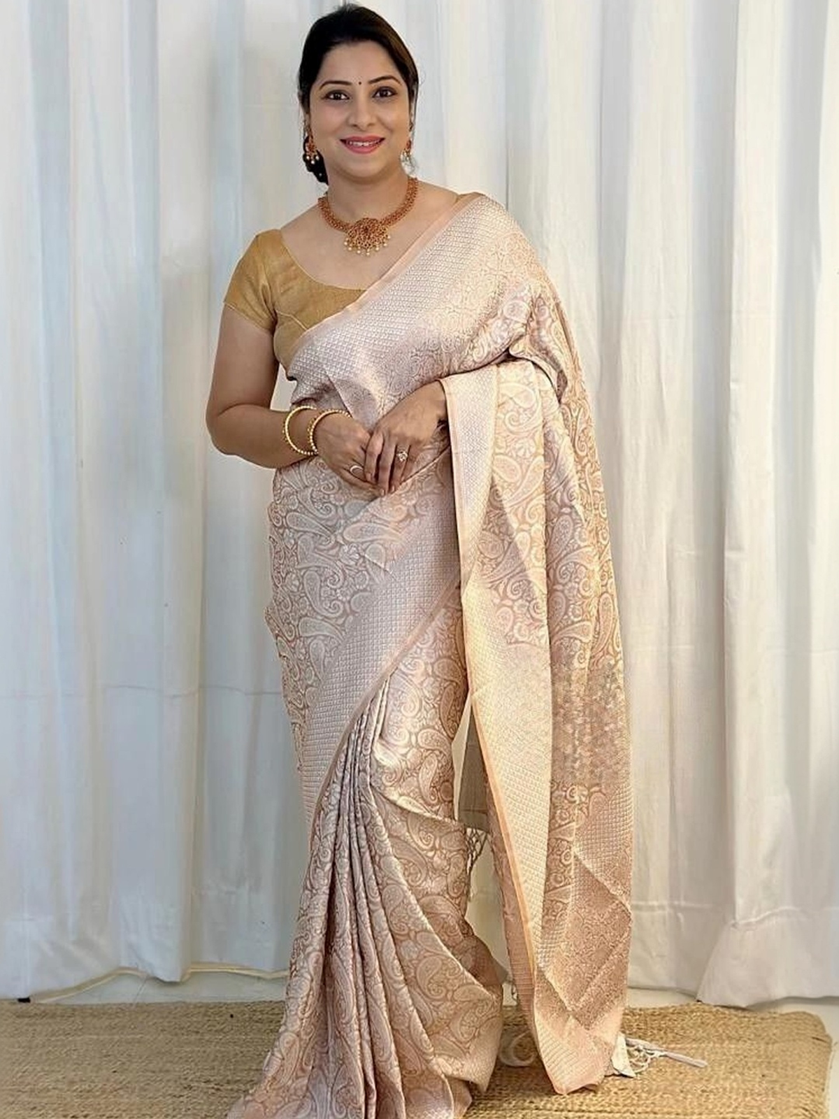 Gold-Toned Solid Art Silk Ready-to-Wear Saree with Boat Neck Blouse