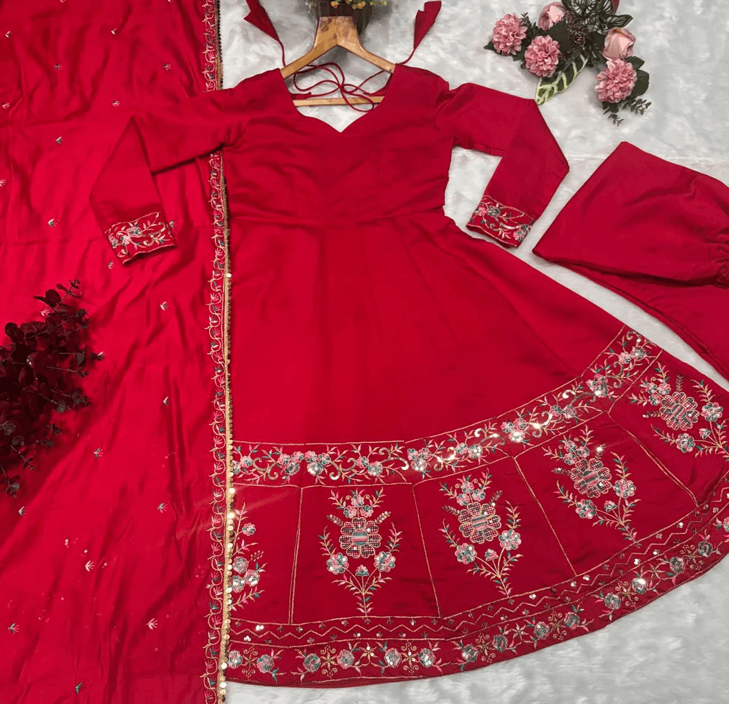 Red Roman Silk Anarkali Suit Set with Heavy Embroidery & Sequin Work