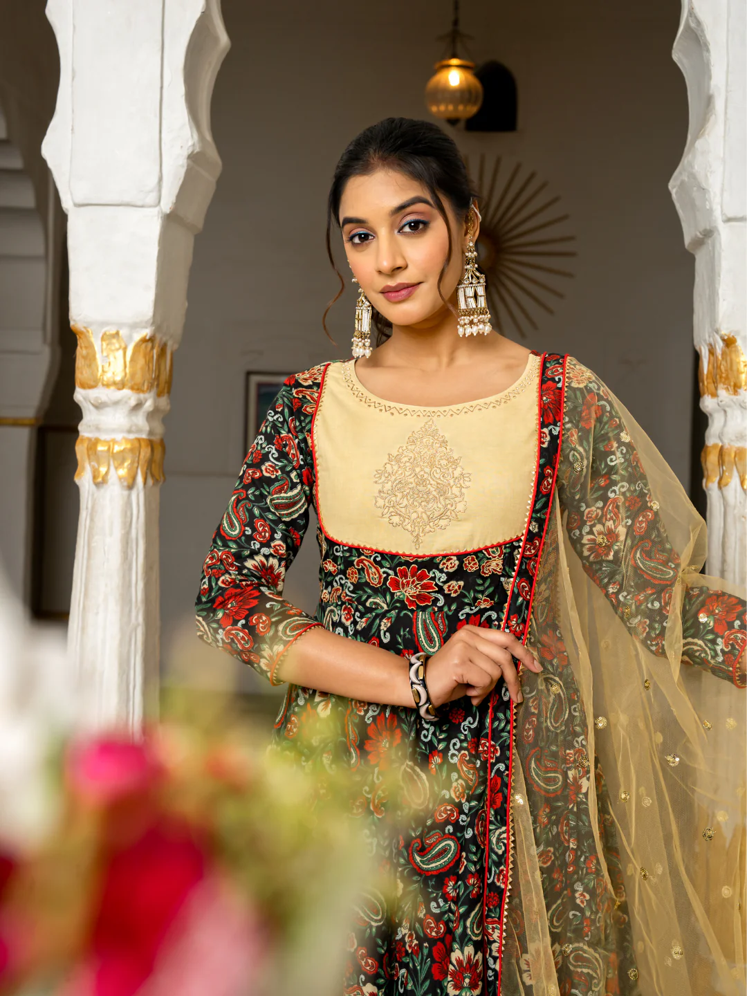 Cotton Anarkali Suit Set with Palazzo & Dupatta