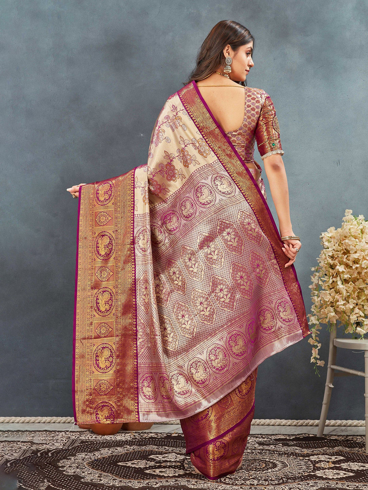 Purple & Gold Dharmavaram Silk Blend Saree with Zari Woven Border