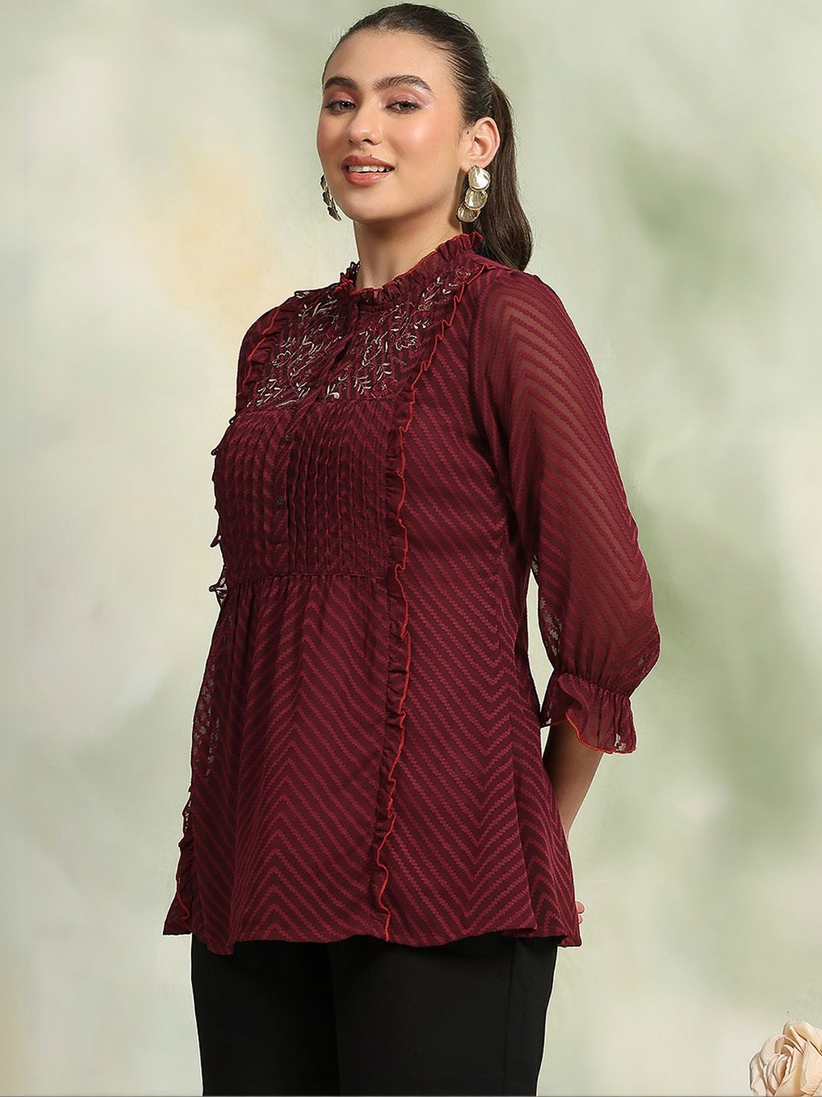 Women’s Maroon Georgette Kurti with Thread Work AROMIE.STORE