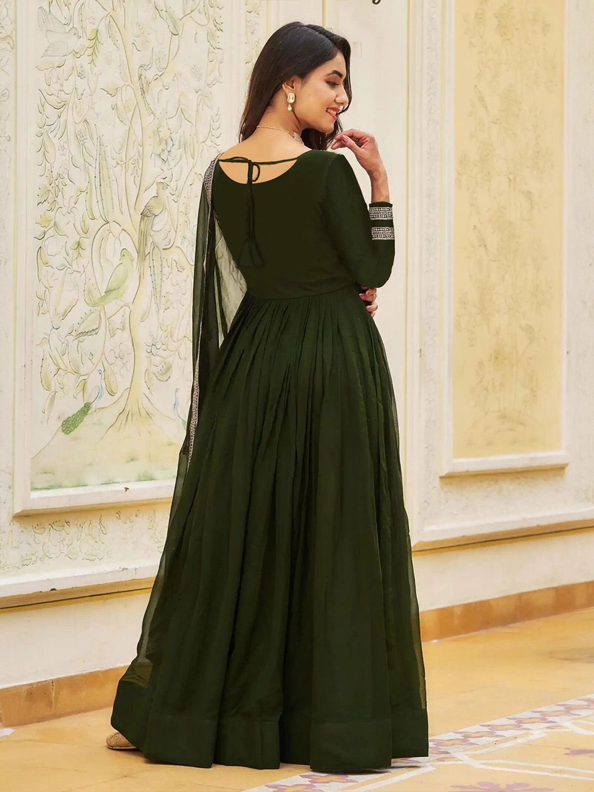 Floral Embroidered Georgette Fit and Flare Maxi Ethnic Dress with a Dupatta