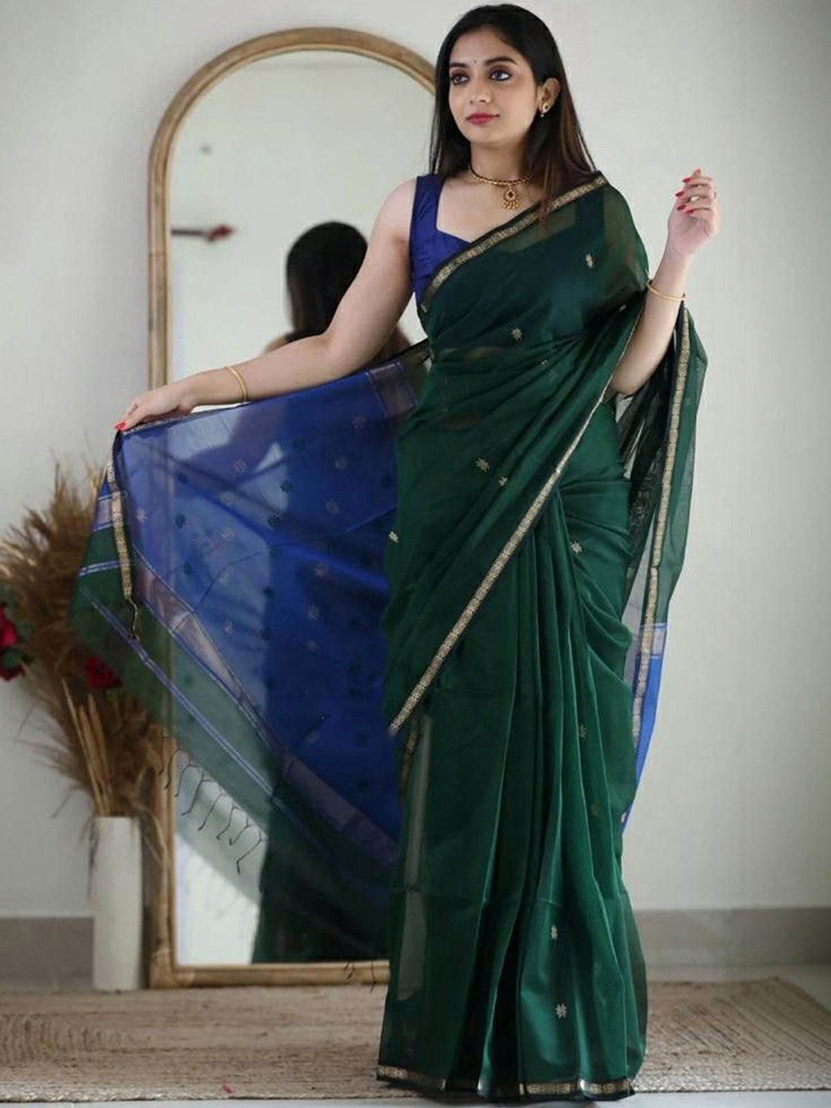 Navy Blue Solid Ready-to-Wear Saree with U-Neck Blouse