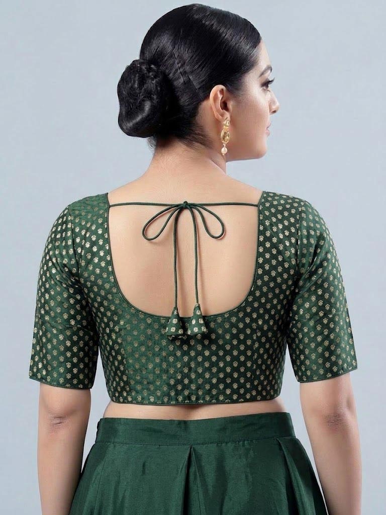 Dark Green foil print Saree Blouse with Elbow Sleeves